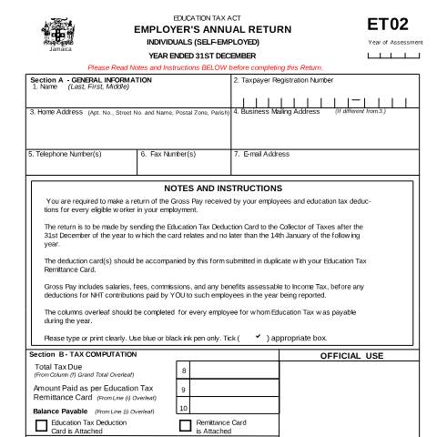 Document preview: Form ET02 - EMPLOYER’S ANNUAL RETURN for INDIVIDUALS (SELF-EMPLOYED) — Form, Jamaica (CERFA n°et02)