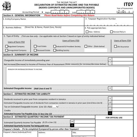 Document preview: Form IT07 - DECLARATION OF ESTIMATED INCOME AND TAX PAYABLE — Form, Jamaica (CERFA n°it07_120117)