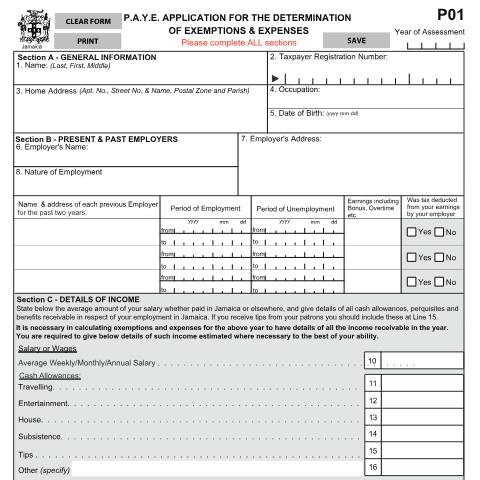 Document preview: Form P01 - PAYE APPLICATION FOR THE DETERMINATION OF EXEMPTIONS &amp; EXPENSES — Form, Jamaica (CERFA n°p01)