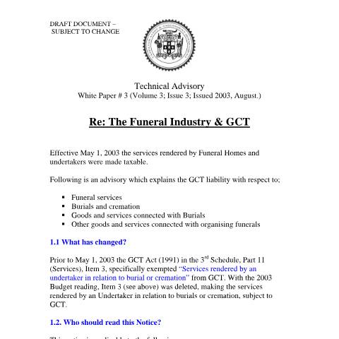 Document preview: 2003.IROC.GCT - The Funeral Industry &amp; GCT — Document, Jamaica (CERFA n°2003.iroc.gct+-+the+funeral+industry++gct)