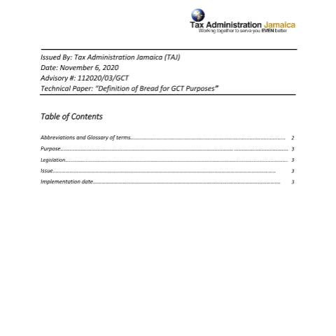 Document preview: Technical Advisory - Definition of Bread for GCT Purposes — Document, Jamaica (CERFA n°Technical_Advisory_112020_GCT_Definition_of_Bread_for_GCT_Purposes)