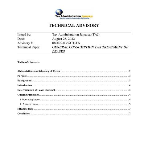 Document preview: Technical Advisory - General Consumption Tax Treatment of Leases — Document, Jamaica (CERFA n°Technical_Advisory_GCT_Treatment_of_Leases)
