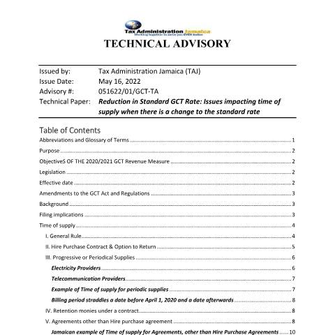 Document preview: Technical Advisory - — Reference, Jamaica (CERFA n°technical_advisory_effects_of_change_gct_rates_082022)