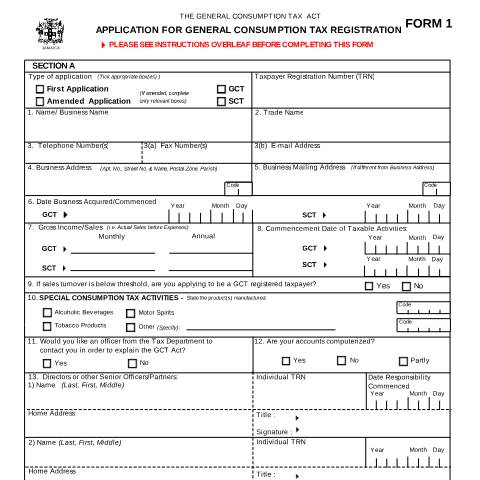 Document preview: Form 1 - APPLICATION FOR GCT REGISTRATION — Form, Jamaica (CERFA n°form1)