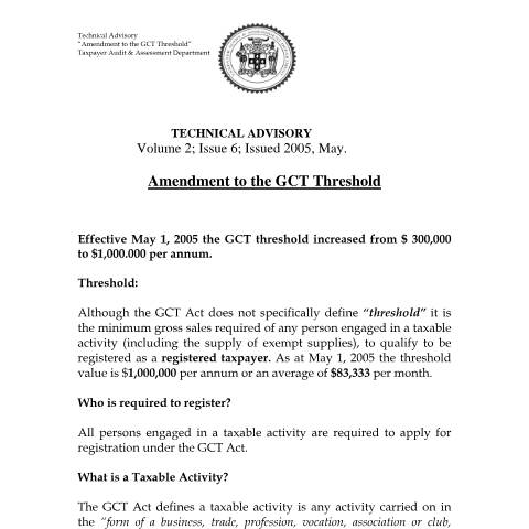 Document preview: 2005 IROC.GCT - Amendment to the GCT Threshold — Document, Jamaica (CERFA n°2005+iroc.gct+-+amendment+to+the+gct+threshold)