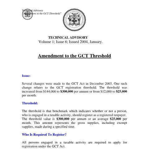 Document preview: 2005.IROC.GCT - Amendment to the GCT Threshold — Document, Jamaica (CERFA n°2005.iroc.gct+-+amendment+to+the+gct+threshold)