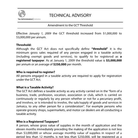 Document preview: 2009.IROC.GCT – Amendment to the GCT Threshold — Document, Jamaica (CERFA n°2009.iroc.gct++amendment+to+the+gct+threshold)