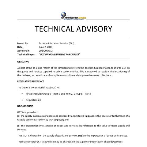 Document preview: 2014.06.GCT - GCT on Government Purchases — Document, Jamaica (CERFA n°technical+advisory+-+2014+06+gct+on+government+purchases)