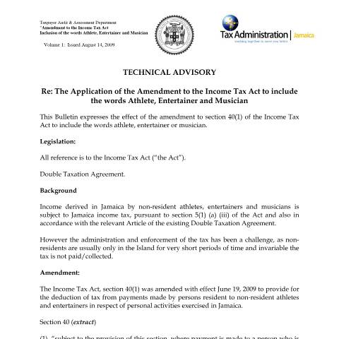 Document preview: 2009.IROC.IT - Application of the Amendment to the Income Tax Act to include the words Athlete, Entertainer and Musician — Form, Jamaica (CERFA n°2009.iroc.it+-application+of+the+amendment+to+income+tax+act-athlete+entertainer+and+musician)