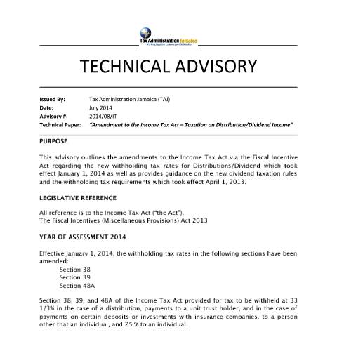 Document preview: 2014.08.IT - Amendment to the Income Tax Act - Taxation on Distribution/Dividend Income — Act / Law, Jamaica (CERFA n°tech+advisory-+2014.08.it+-+amendment+to+the+income+tax+act+-)