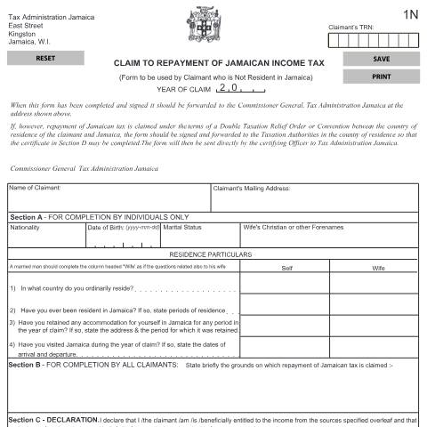 Document preview: 1N – Claim Form for Repayment of Jamaican Income Tax — Form, Jamaica (CERFA n°1n)