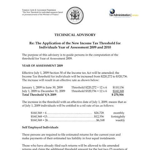 Document preview: 2009.IROC.IT - New Income Tax Threshold for Individuals 2009 &amp; 2010 — Document, Jamaica (CERFA n°2009.iroc.it+-+new+income+tax+threshold+for+individuals+2009++2010)