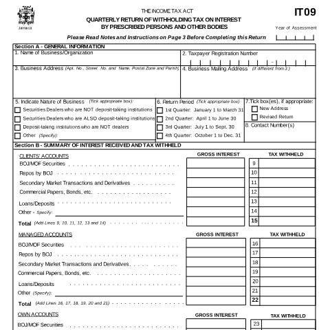 Document preview: IT09 - QUARTERLY RETURN OF WITHHOLDING TAX ON INTEREST BY PRESCRIBED PERSONS AND OTHER BODIES — Form, Jamaica (CERFA n°it09)