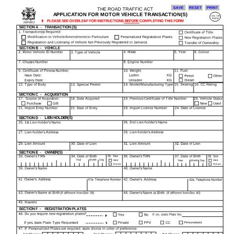 Document preview: MV01 - Application for Motor Vehicle Transaction(s) — Form, Jamaica (CERFA n°MV01_15092022)