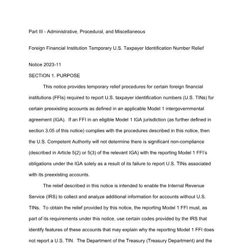 Document preview: Foreign Financial Institution Temporary U.S. Taxpayer Identification Number Relief - Notice 2023-11 — Publication, Jamaica (CERFA n°Notice+2023-11)