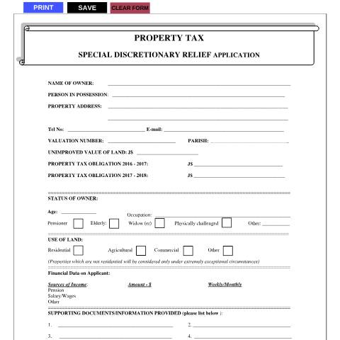 Document preview: Property Tax Special Discretionary Relief Application Form — Form, Jamaica (CERFA n°SPECIAL+DISCRETIONARY+RELIEF+APPLICATION+FORM+-+MARCH+++2017)