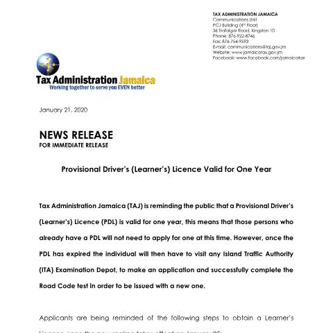Document preview: Provisional Driver's Licence Valid for one year — Document, Jamaica (CERFA n°January_21_2020-Provisional_Driver’s_(Learner’s)_Licence_Valid_for_One_Year)