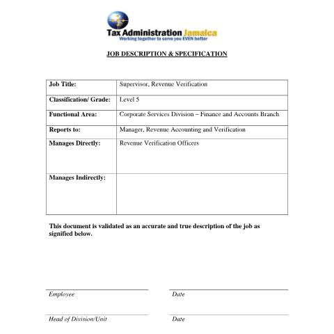 Document preview: Supervisor, Revenue Verification (Level 5), — Document, Jamaica (CERFA n°Supervisor,+Revenue+Verification)