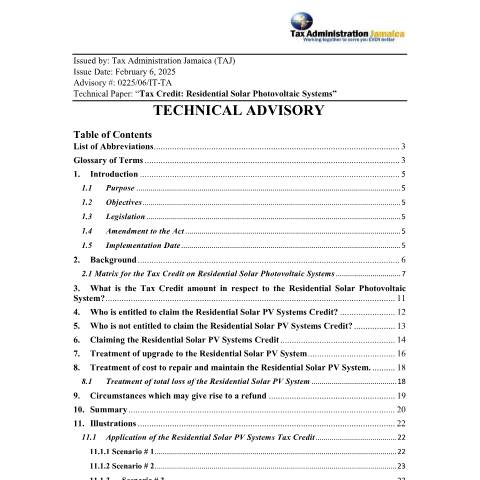 Document preview: Technical Advisory - Tax Credit: Residential Solar Photovoltaic Systems — Document, Jamaica (CERFA n°Revised+January+31+Technical+Advisory+-+PV+Systems+Solar+Tax+Credit+FINAL_Ver_01)