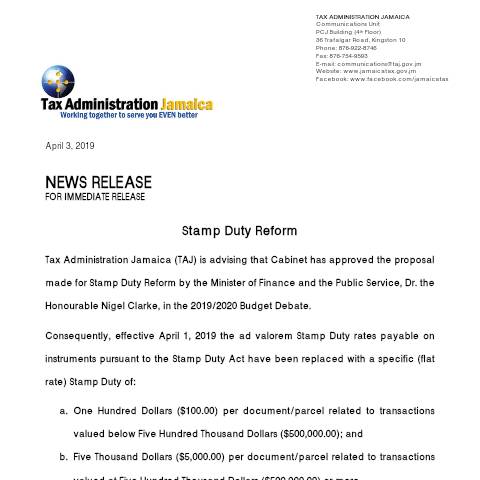 Document preview: Stamp_Duty_Reform — Document, Jamaica (CERFA n°Stamp_Duty_Reform)