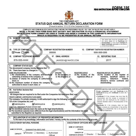 Document preview: (Precedent) STATUS QUO FORM — Form, Jamaica (CERFA n°STATUS QUO FORM - BO same, Ind sign)