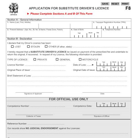 Document preview: Application for Substitute Driver's Licence — Form, Jamaica (CERFA n°substitute_dl_form_oct082020)
