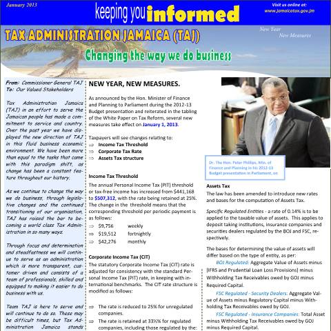 Document preview: Tax Administration Jamaica - Keeping You Informed - January 2013 — Document, Jamaica (CERFA n°january2013)