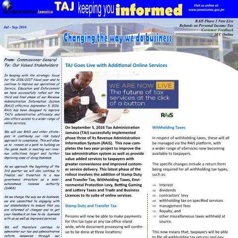 Document preview: Tax Administration Jamaica - Keeping You Informed - Jul-Sep 2016 — Document, Jamaica (CERFA n°JulSep2016)