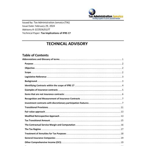 Document preview: Technical Advisory - Tax Implications of IFRS 17 — Document, Jamaica (CERFA n°Technical+Advisory+-IFRS+17_Final)