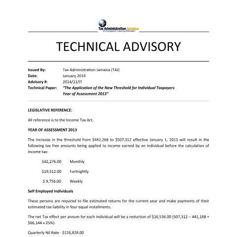Document preview: 2014.11.IT - The Application of the New Threshold for Individual Taxpayers Year of Assessment 2013 — Form, Jamaica (CERFA n°technical+advisory+-+2014.11.it+-+the+application+of+the+new+threshold+for+individual+taxpayers)