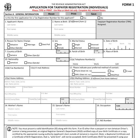 Document preview: Form 1 - APPLICATION FOR TAXPAYER REGISTRATION NUMBER (INDIVIDUALS) — Form, Jamaica (CERFA n°trn_form1_01082016)