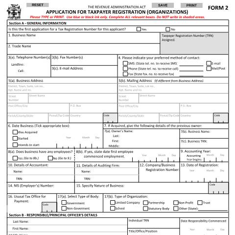 Document preview: Form 2 - APPLICATION FOR TAXPAYER REGISTRATION (ORGANIZATIONS) — Form, Jamaica (CERFA n°trn_form2_15052017)