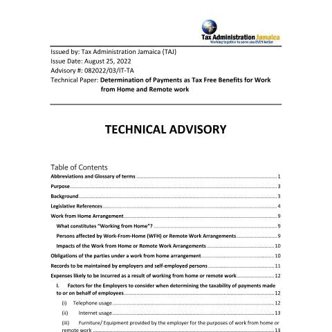 Document preview: Determination of Payments as Tax Free Benefits For Work From Home And Remote work — Document, Jamaica (CERFA n°Technical_Advisory_Work_From_Home_022023)