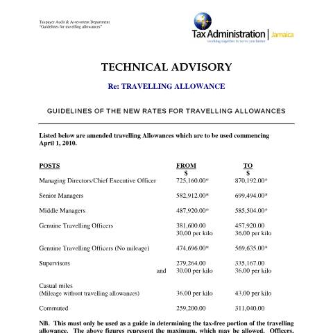 Document preview: 2010.IROC.IT - Guidelines for Travelling Allowances — Guide, Jamaica (CERFA n°travelling_allowance)