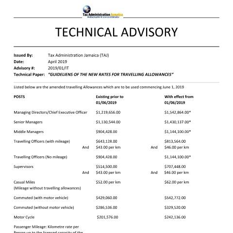Document preview: 2019.04 - Technical Advisory - Guidelines of New Rates for Travelling Allowance wef June 1, 2019 — Guide, Jamaica (CERFA n°TECHNICAL+ADVISORY+-+2019+01+IT)