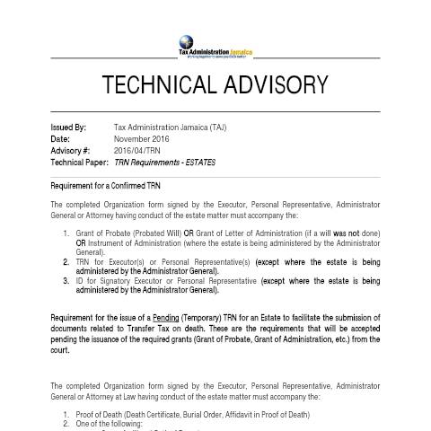 Document preview: 2016.04.TRN - TRN Requirements - ESTATES — Document, Jamaica (CERFA n°technical+advisory+-+2016+04+trn+-+trn+requirements+for+estates)