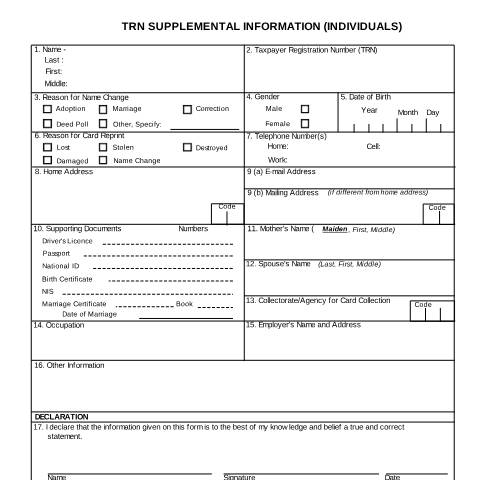 Document preview: TRN SUPPLEMENTAL INFORMATION (INDIVIDUALS) — Publication, Jamaica (CERFA n°supp_info_indi)