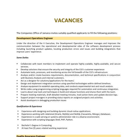 Document preview: VACANCIES | DevOps Engineer, System Administrator, Customer Service Representative — Document, Jamaica (CERFA n°VACANCIES_OCTOBER9TH2022)