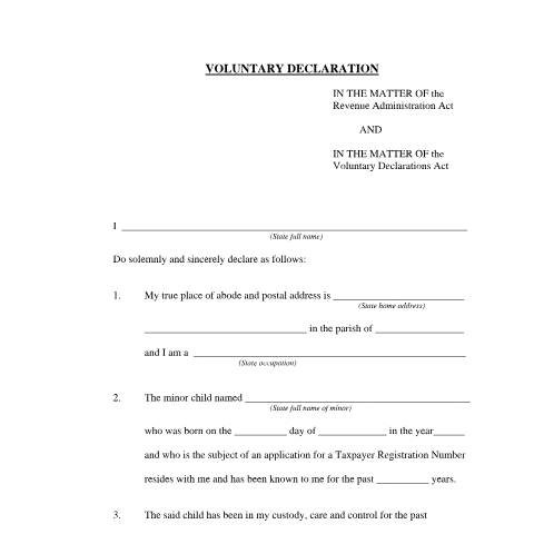Document preview: Voluntary Declaration for TRN (Minors) — Form, Jamaica (CERFA n°vol_dec_for_trn_minors)