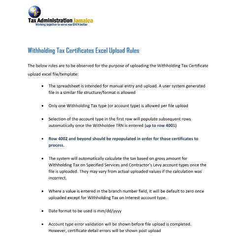 Document preview: Withholding Tax Certificate Excel Upload Rules — Form, Jamaica (CERFA n°Doc+-+Withholding+Tax+Certs+Upload+File+Rules_v5+Updated+Nov+2024)