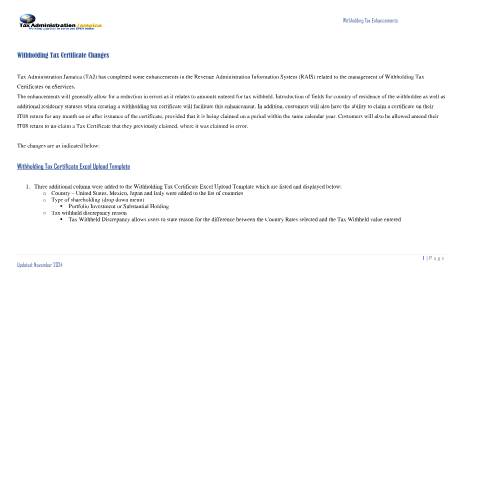 Document preview: Withholding Tax Enhancements — Guide, Jamaica (CERFA n°Guide+-+Withholding+DIV+INT+MISC+enhancements+-+Nov2024)