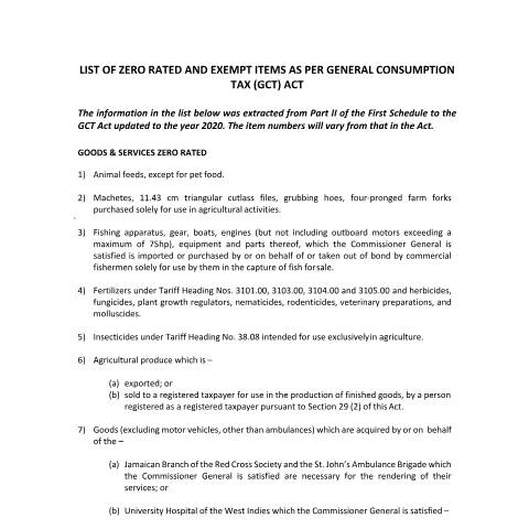 Document preview: Zero Rated and Exempt Goods and Services — Reference, Jamaica (CERFA n°GCT_Zero_Rated_and_Exempt_Items_122020_2022)