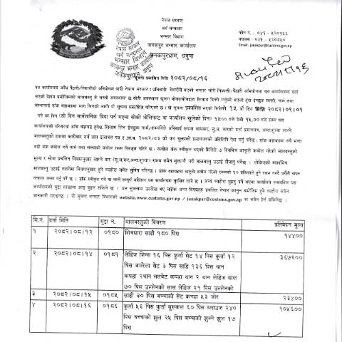 Document preview: जनकपुर भन्सार कार्यालयको मालबस्तु लिलाम सम्बन्धी सूचना २०८२-०८-१६ — customs, नेपाल (CERFA n°जनकपुर भन्सार कार्यालयको मालबस्तु लिलाम सम्बन्धी सूचना २०८२ ०८ १६ zaatwos)