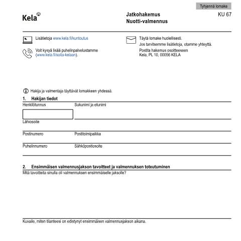 Document preview: Jatkohakemus - Nuotti-valmennus — Kuntoutus, Suomi (CERFA n°Kela KU 67)