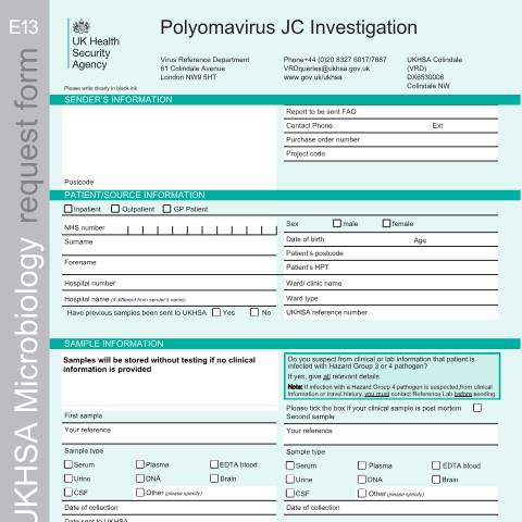 Document preview: Polyomavirus JC investigation request form E13 — UK Health Security Agency, United Kingdom