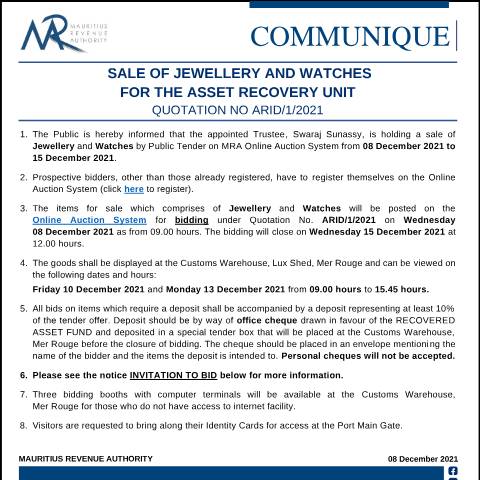 Document preview: Sale of Jewellery and Watches for the Asset Recovery Unit - Quotation No ARID/1/2021 (08.12.21) — Document, Mauritius (CERFA n°AuctionSales081221)