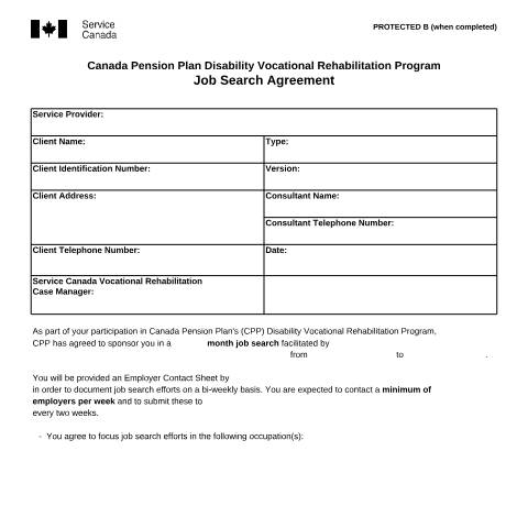 Document preview: Job Search Agreement – Canada Pension Plan Disability Vocational Rehabilitation Program — Income Security Programs, Canada (CERFA n°ISP2577)