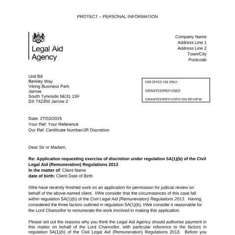 Document preview: Judicial review discretion pro forma — Legal Aid Agency, United Kingdom
