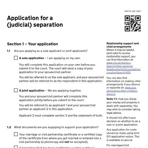Document preview: Apply for a judicial separation: Form D8S — HM Courts & Tribunals Service, United Kingdom