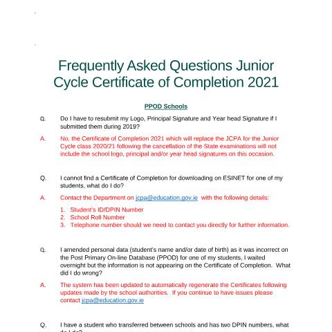 Document preview: Further information: Junior Cycle Certificate of Completion 2021 — Department of Education, Ireland